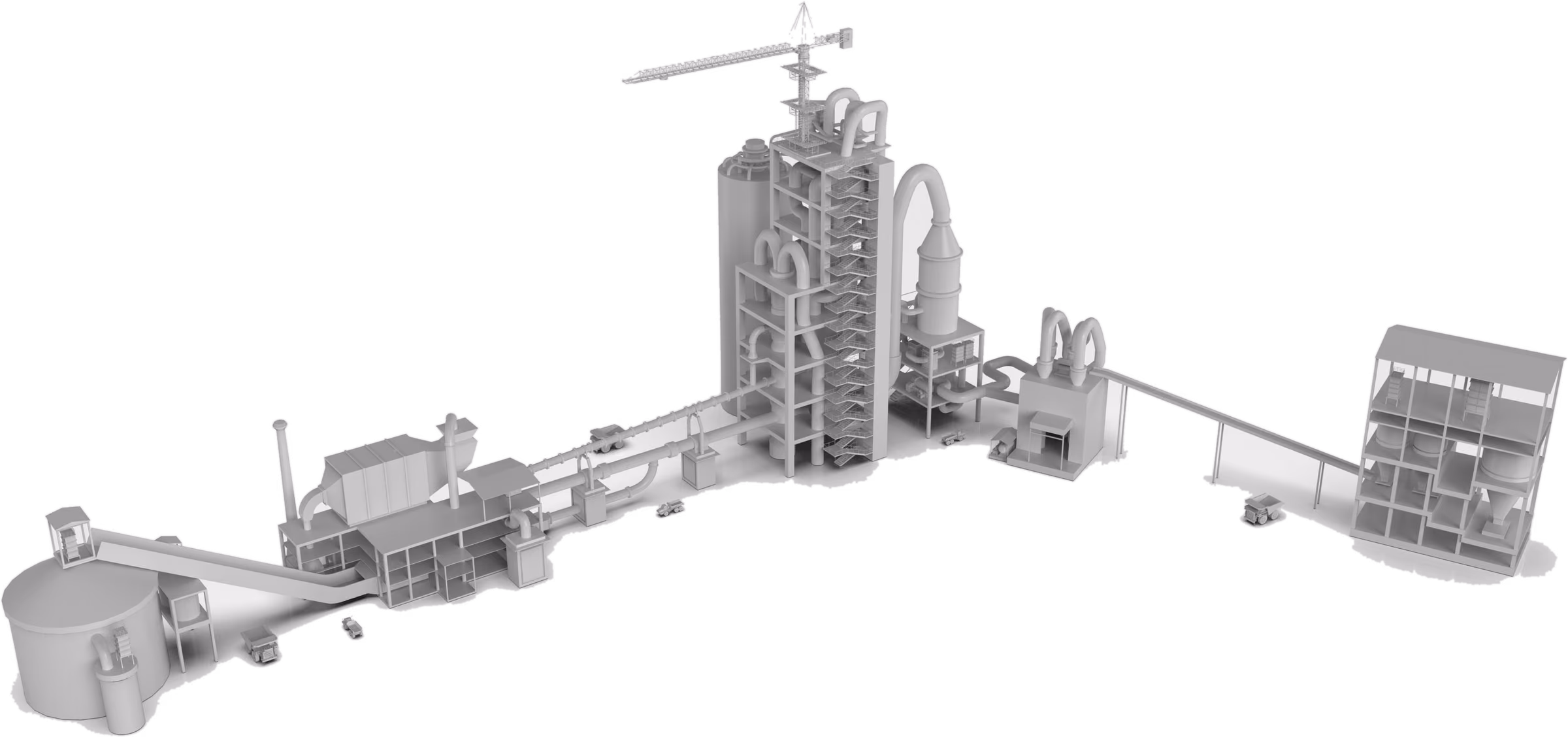 Three-dimensional model of a complete cement production line, from raw material intake to packing plant