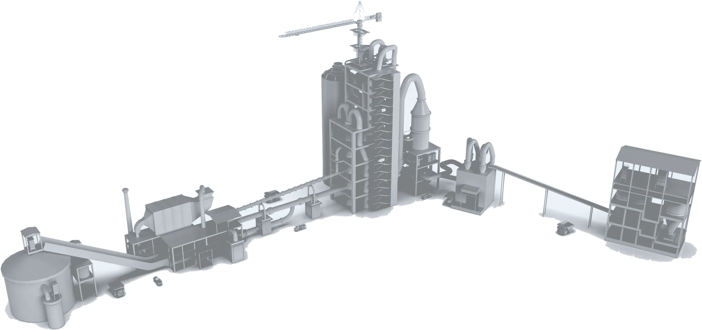 Three-dimensional model of a complete cement production line, from raw material intake to packing plant