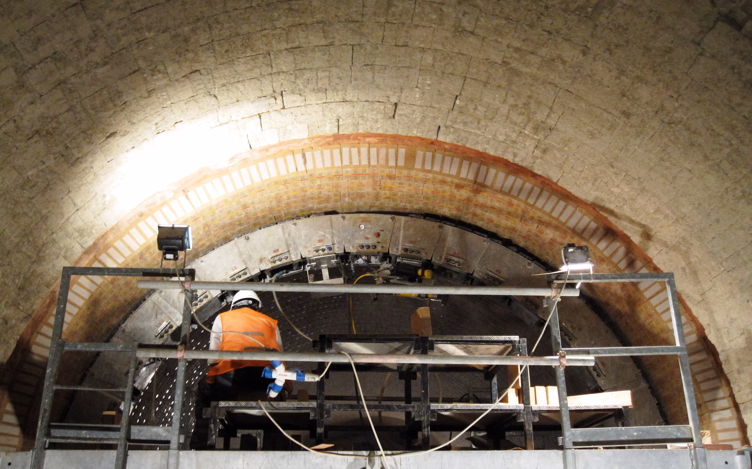 Refractory lining work inside a rotary kiln